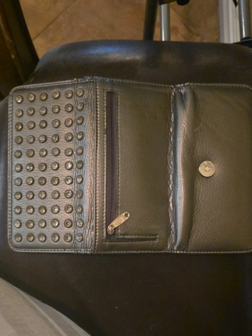 Studded Black Leather Wallet - Chic Metallic Accents
